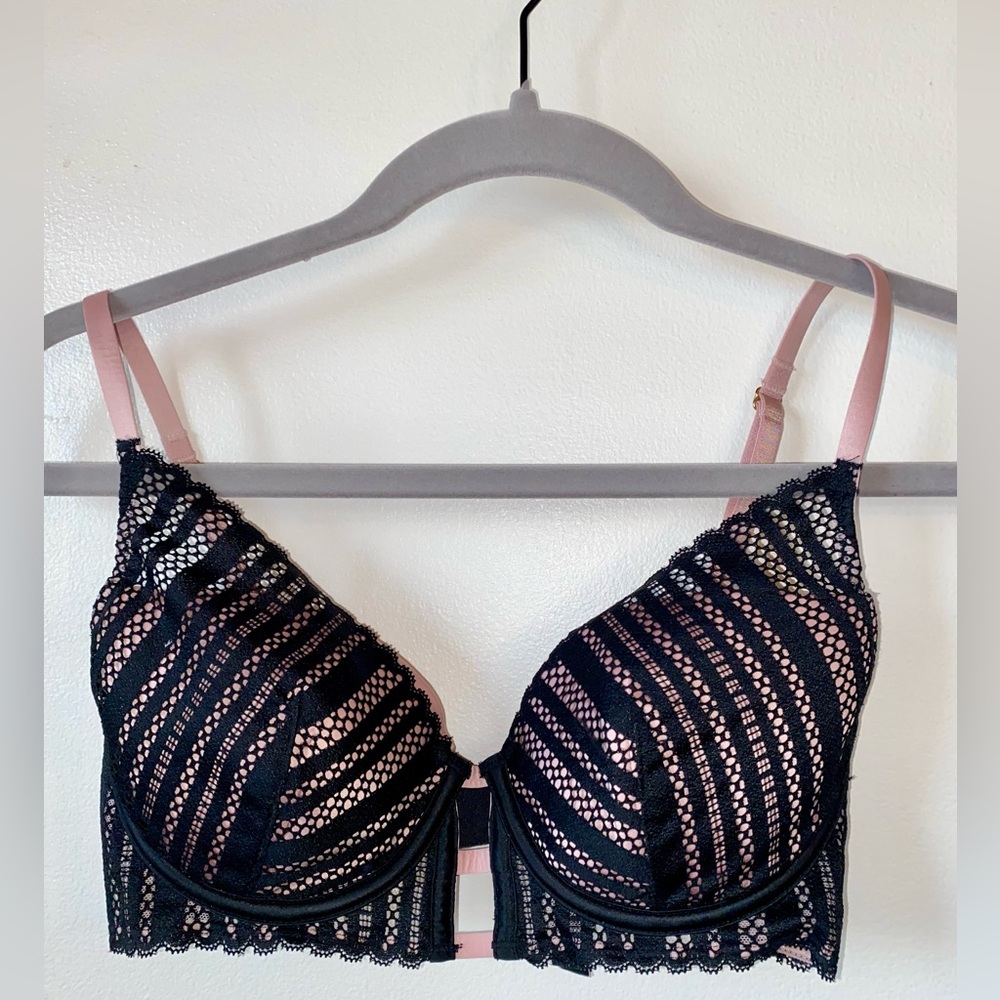 Victoria’s Secret Lined Plunge Bra , fishnet style over satiny pink.